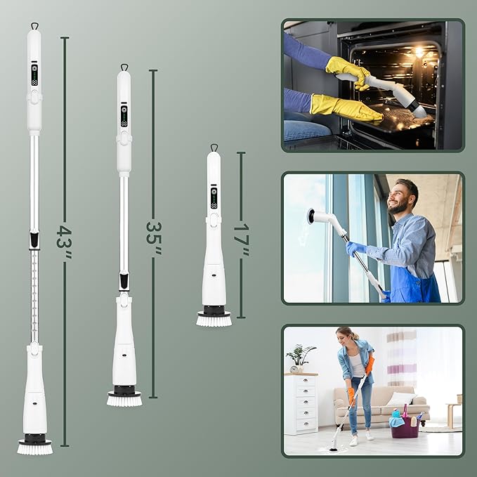 Electric Power Spin Scrubber - Cordless Cleaning Brush with 7 Replaceable Brush Heads - 3 Speed with Flashlight - Adjustable and Extendable for Cleaning Tile Grout Bathtub Window Kitchen Floor