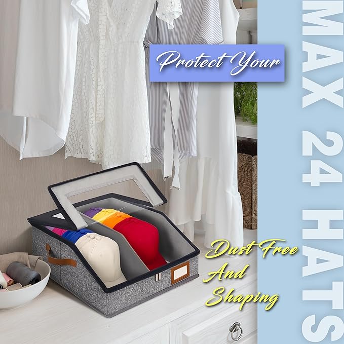 2-in-1 Hat Organizer for Baseball Caps Holds 24-30 Hats Holder for Closet with Clear lid Stackable Hat Storage with Adjustable Space Cowboy Hat Box for Men Women 1 PCS Black and Grey
