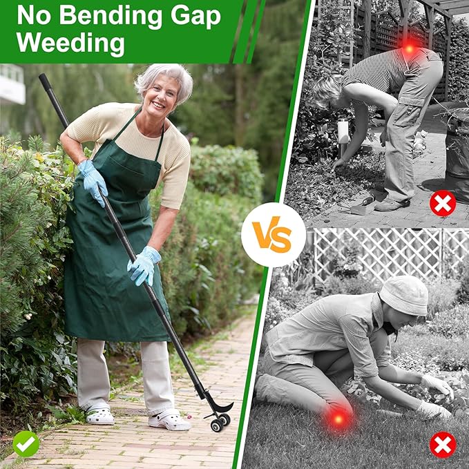 Crack Weeder with Wheels 6.5FT Metal Crevice Weeding Tool with Adjustable Long Handle Saves Back & Knee Manual Weed Remover for Paver Deck Patio Driveway Sidewalk Garden