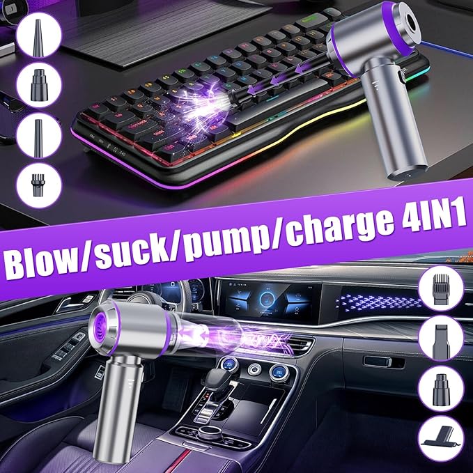 Mini Cordless Handheld Car Vacuum Cleaner/Air Duster/Blower/Hand Pump, 21000 PA High Power Brushless Motor, Portable Keyboard Vacuum Cleaner with Multi-Nozzles for Home, Office, Computer(Purple)