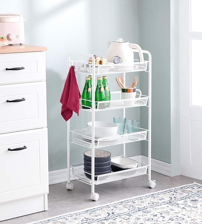 JANE EYRE Rolling Utility Storage Rack Cart on Wheels, Trolley Carft cart, Multi-Purpose Organizer Shelf (White, 4 Tier)…