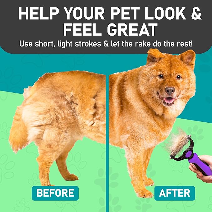 Maxpower Planet Pet Grooming Brush - Double Sided, Extra Wide for Dogs and Cats - Dematting Undercoat Rake, Reduces Shedding by 95%, Purple