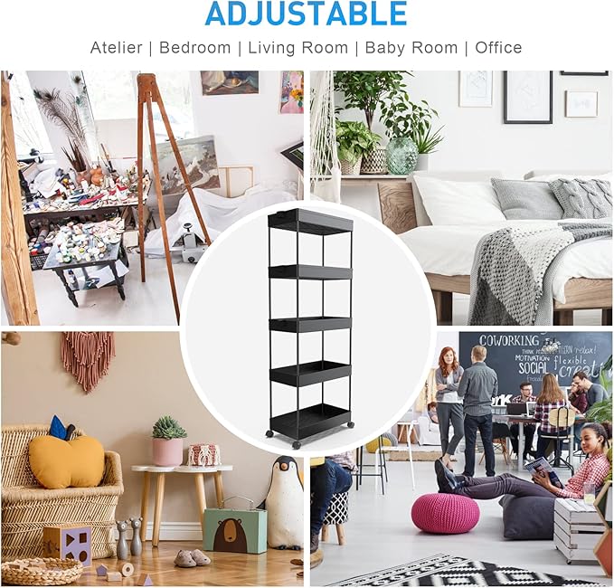 SPACEKEEPER 5-Tier Rolling Cart, Bathroom Storage Organizer Utility Cart, Mobile Shelving Unit Slide Out Shelves for Kitchen Living Room Laundry Room & Dressers, Black