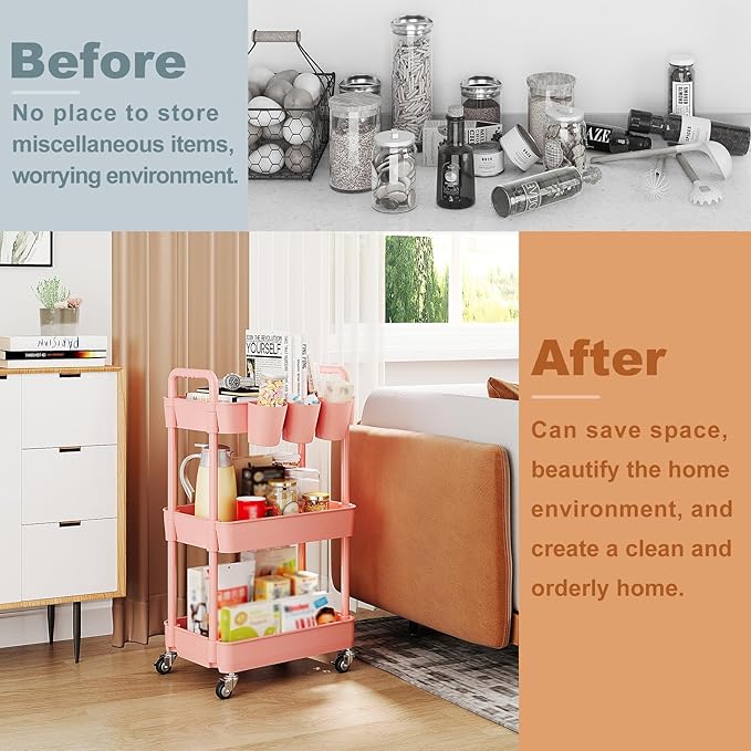 UDEAR 3-Tier Rolling Utility Cart,Multifunctional Storage Shelves with Handle and Lockable Wheels for Room,Office,Kitchen,Bathroom,with 3 Hanging Cups,Pink