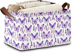 Lavender Storage Baskets,Purple Butterfly Foldable Organizer Bin with Handles for Home Living Room Bedroom Closet Box 17x11.5x10Inch