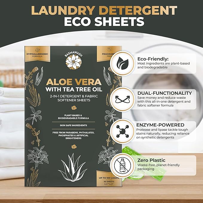Natural Laundry Detergent & Fabric Softener Sheets | Up to 100 Loads Eco-Friendly|Fragrance-Free & Hypoallergenic | Aloe Vera & Pure Tea Tree Oil | Plant-Based, Biodegradable, Enzyme Powered,Baby-Safe