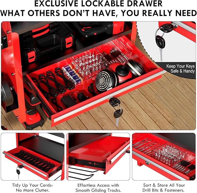 KSVO Power Tool Organizer Wall Mount with Drill Rack & Locking Drawers - Heavy Duty Metal Tool Shelf for Garage, Workshop, Shed, Basement Tool Organization - Gift for Men/Father (Red)