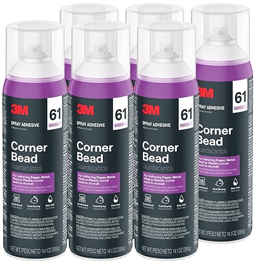 3M Corner Bead 61 Spray Adhesive, 14.1 oz. (Pack of 6), Low VOC, Quick Bond, Fast Drying, Pink Tint for Adhering Paper or Plastic Corner Bead to Drywall (61-NAT)