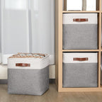 HNZIGE Foldable Storage Cubes Baskets Set(4 Pack) Fabric Bins for Shelves,13 Inch Storage Basket for Organizing with Leather Handles for Home, Toys, Clothes, Kids Room, Closet Storage(White&Gray)