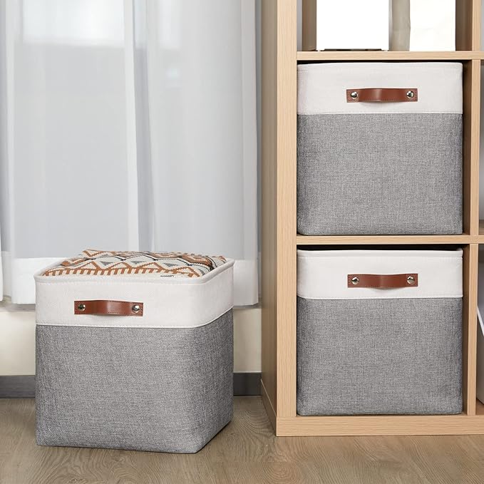 HNZIGE Foldable Storage Cubes Baskets Set(4 Pack) Fabric Bins for Shelves,13 Inch Storage Basket for Organizing with Leather Handles for Home, Toys, Clothes, Kids Room, Closet Storage(White&Gray)