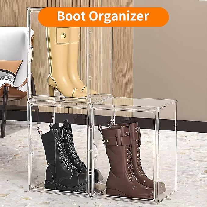 1 Pack Clear Acrylic Sneaker Shoe Display Case,Shoe Storage Boxes Stackable,Acrylic Boxes for Shoes Display with Lid,Boot Storage Organizer for Tall Boot,Purse Handbag Organizer for Closet