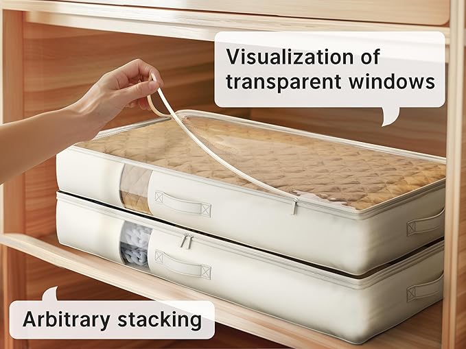 Under Bed Storage Containers with Window, Closet Organizers and Storage Bags, Foldable Underbed Storage Bags for Blankets, Clothing, Comforter, Linen Sheets, Wrapping Paper, 2 Pack, White Ivory