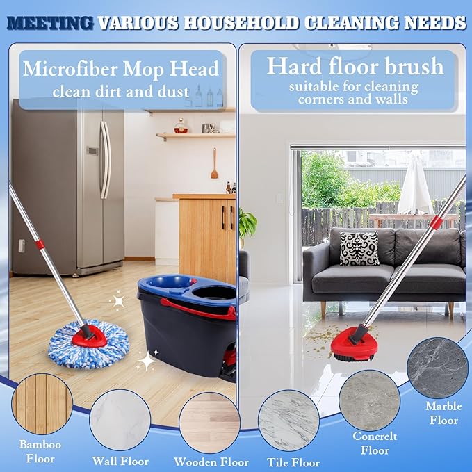 4 Packs Spin Mop Replacement Heads Compatible with Oceda RinseClean 2-Tank System, 30-58" Mop Handle,Mop Scrub Brush and Base Combo Set,Mopping Refills Easy to Replace and Cleaning