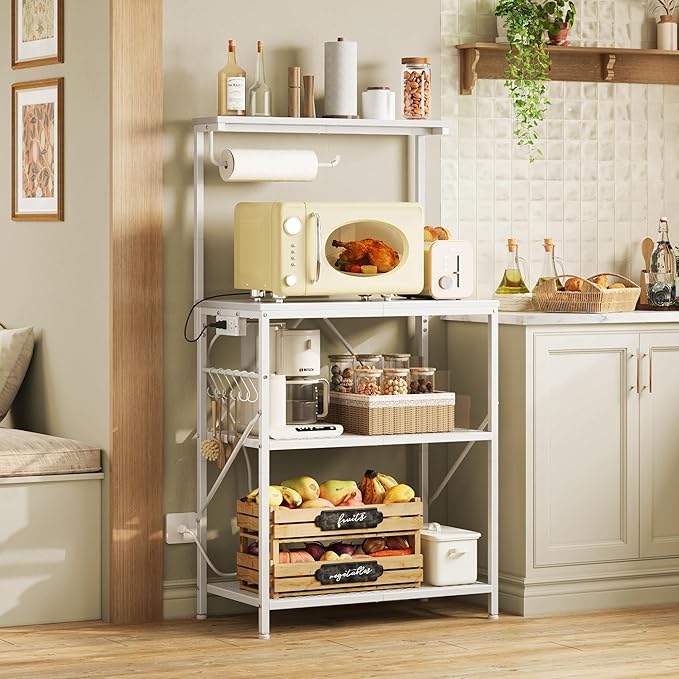 Huuger 4-Tier Bakers Rack with Reversible Power Outlet, 23.6 Inch Microwave Stand, Kitchen Coffee Bar, with Top Shelf, 6 S Hooks, White