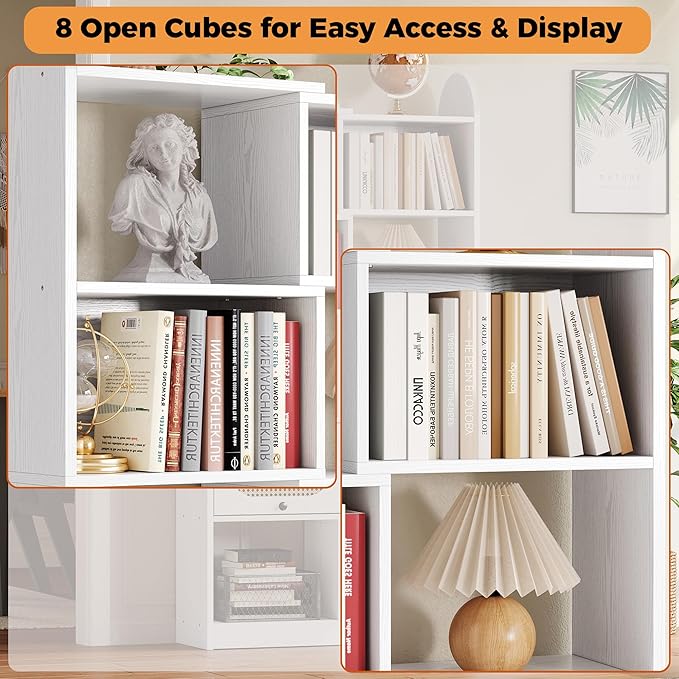 IRONCK 6 Tier Bookshelf and Bookcase with 2 Rattan Design Flip-top Storage Cabinets, 8 Cube Bookcases Display Storage Shelves Organizer for Living Room, 35.4" White