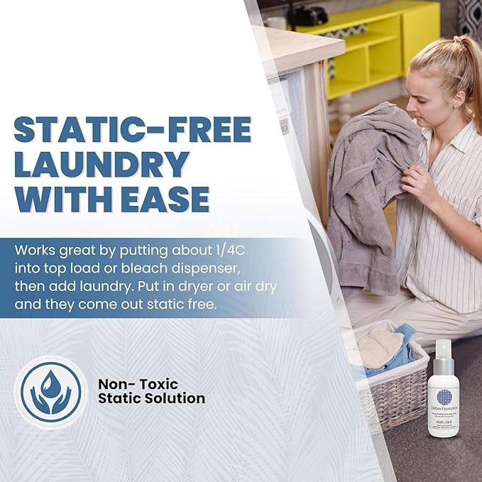 Anti-Static Spray for Clothes - Instantly Eliminate Static Cling, Flyaways, and Shocks from Clothes, Fabrics, Linens, Blankets & Rugs- All-Natural Formula - Lasts All Day- 2oz Travel Size