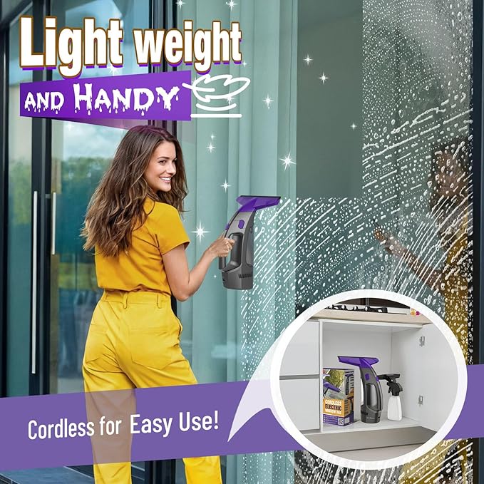 2000Pa and 2500mAh Electric Window Cleaner Tool with Gloves and 2 Cleaning Cloth, Window Vacuum Squeegee Cordless with 360ml Spray Bottle & 100ml Water Tank for Window, Mirror, Countertop, Tile