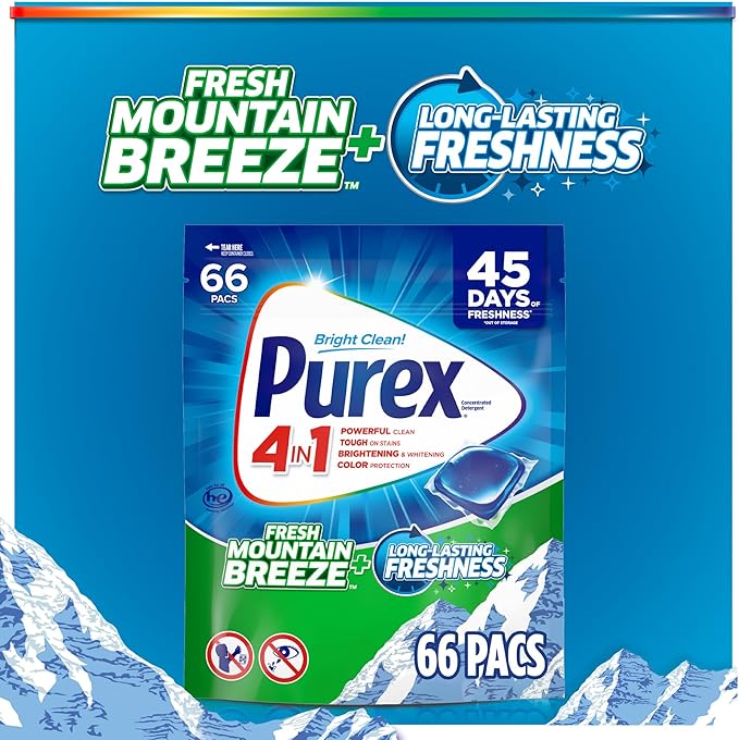 Purex 4-in-1 Laundry Detergent Pacs, Mountain Breeze, 66 Count, Brightening and Whitening, Powerful Clean, Tough on Stains, Boost of Freshness