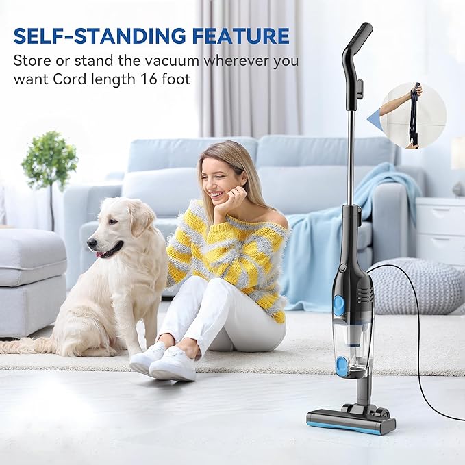 Vazone R6X Corded Stick Vacuum Cleaners for Home, 30000pa Powerful Suction Stick Vacuum with 16Ft Cord, 2 in 1 Lightweight Vacuum Cleaner for Hard Floor Pet Hair (Blue)