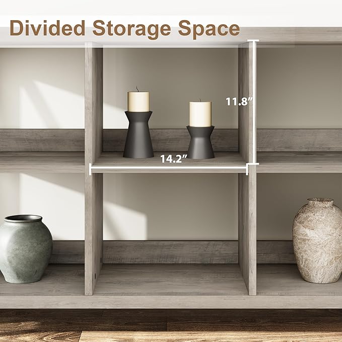 GarveeHome 8 Cube Storage Organizer Bookshelf, 3 Tier Metal Horizontal Bookcase, 62 Inch Console Bookshelf, Industrial Storage Bookcase for Entryway, Long Low Bookshelves for Living Room-Grey