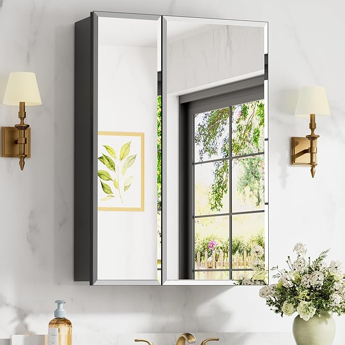 26x30 Inch Medicine Cabinet with Mirror, Aluminum Bathroom Mirror Cabinet, Beveled Edge Mirrored Double Door, Adjustable Shelves, Surface or Recessed Mount Mirrors with Storage,Black