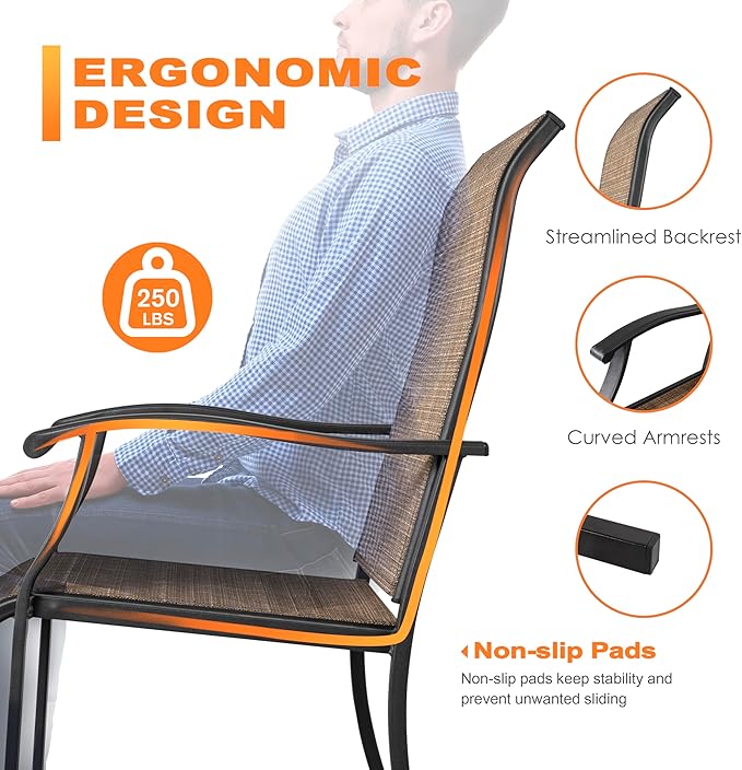 NUU GARDEN 3 Piece Outdoor Bistro Set, 2 Patio Chairs and 20" Round Bistro Table, Textilene Fabric, Powder-Coated Iron Frame, for Patio, Deck, Garden, Backyard, Black and Brown