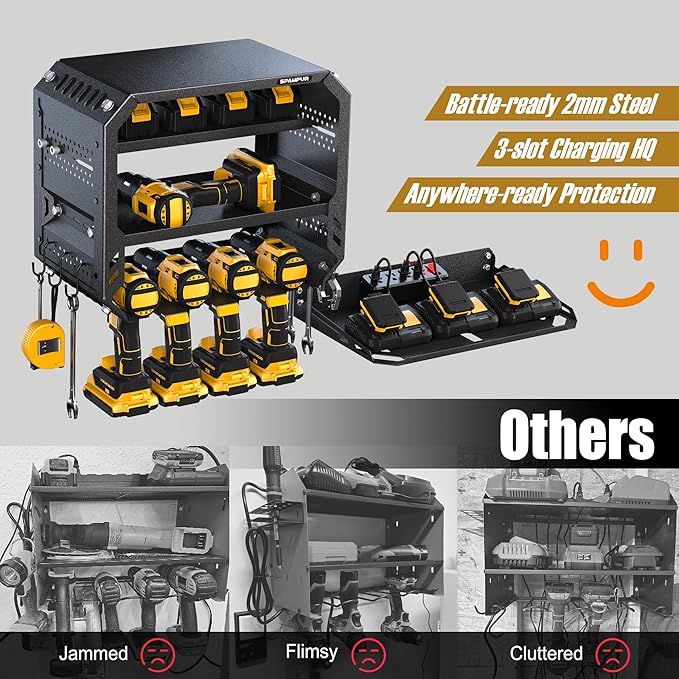 Power Tool Organizer Wall Mount with 4 Power Outlets & Charging Station &420lbs Capacity, Tool Battery storage, Metal Heavy Duty Wall Mounted Drill Holder for Garage Workshop, Men Gifts