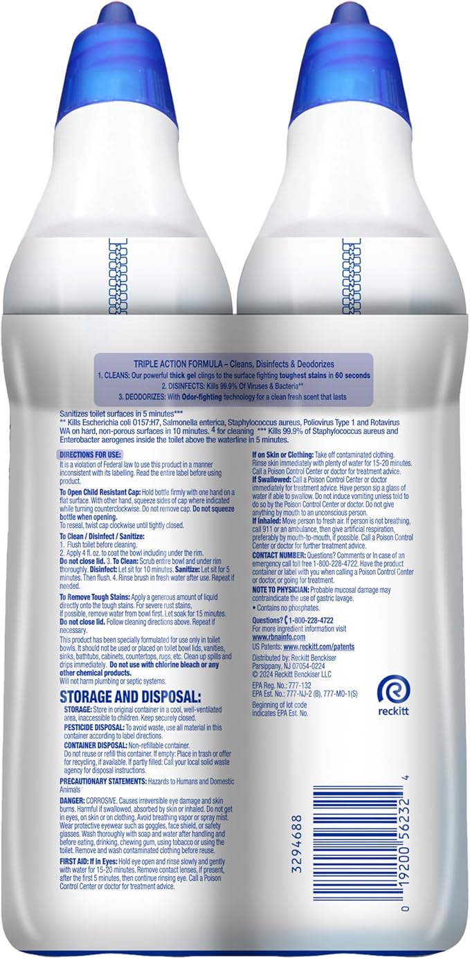 Lysol Power + Odor Fighting Toilet Bowl Cleaner Gel, For Cleaning and Disinfecting, Stain Removal, Fresh Clean Scent, 24oz (Pack of 2)