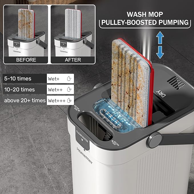 Mop and Bucket Set, Flat Mop and Bucket System with Separate Dirty and Clean Water, 3-Compartment Wall Cleaner Mop, Flat Mops for Floor Cleaning with 8 Microfiber Pads