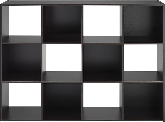 Whitmor 12 Cube Storage Organizer, 4 Tier Stackable Mdf Wood Bookcase, Open Storage Display Bookshelf, Storage Cabinet for Living Room, Bedroom, Home, Office, 35.1"L x 11.7"W x 47.5"H, Black