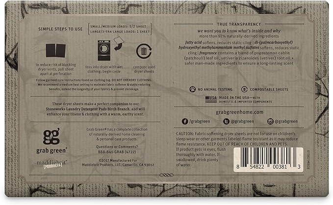 Grab Green Stoneworks Cruelty-Free Dryer Sheets | Softens Fabrics, Freshens Clothing & Reduces Static-Cling and Wrinkles | Plant Based | Birch Branch Scent (80 Sheets)