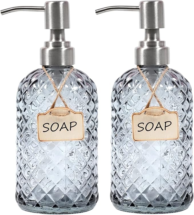 Bathroom & Kitchen Glass Hand and Dish Soap Dispenser with 304 Rustproof Stainless Steel Pump (Grey-2pack)