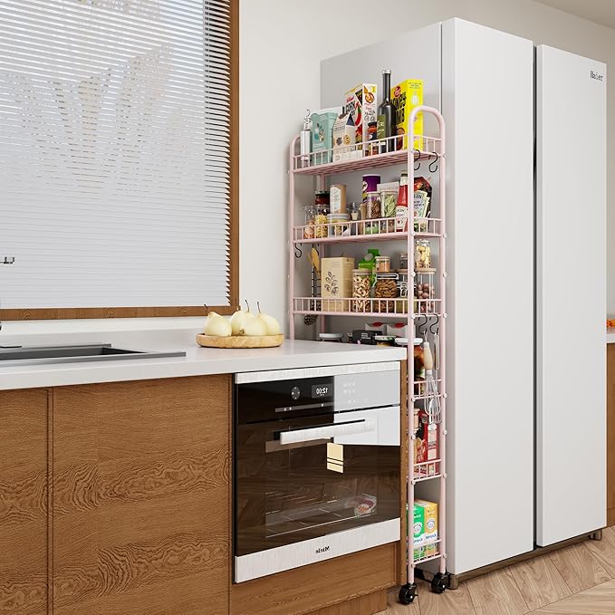 6 Tier Slim Rolling Storage Cart with Wheels, Metal Mobile Shelving Unit Organizer Utility Cart for Office Bathroom Kitchen Laundry Room Narrow Places (Pink 6 Inches)