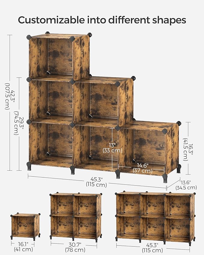 SONGMICS 6 Cube Storage Organizer, Modular Bookshelf, DIY Closet Organizers and Storage, Plastic Stackable Shelves, 14.6 x 13 x 13 Inch Cubes, with Feet and Rubber Mallet, Rustic Brown ULPC206A01