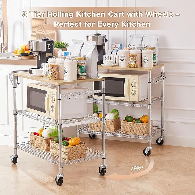3 Tier Rolling Kitchen Cart with Wood Tabletop, Kitchen Island Carts with Wheels & Slider Shelf, Microwave Cart on Wheels, Coffee Cart with Hooks, 35.4" L*18.1" W*31.9" H，Wood+Chrome