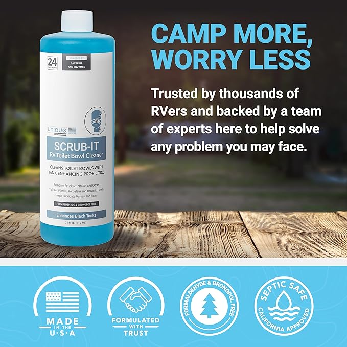 Unique Scrub-It RV Toilet Bowl Cleaner Liquid - Helps Remove Stink, Stains and Debris - Safe on All Toilet Types (24 oz)