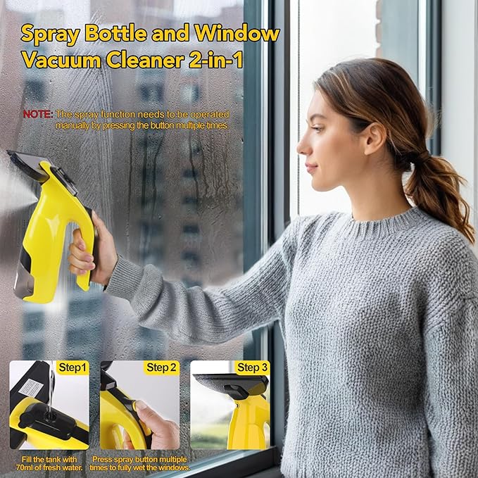 Rechargeable Window Vac, Window Vacuum Cleaner Set, Cordless Vacuum Squeegee with Built-in Spray Bottle, Electric Glass Cleaning Tool for Windows, Tiles, Mirrors, 200ml Water Tank