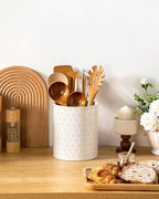 MALACASA LYDIA Ceramic Utensil Holders, 7.3"+5.5" Kitchen Utensil Crock Set for Countertop, Large & Small Utensil Organizers for Cooking Tools, Five-Leaf Grass Pattern