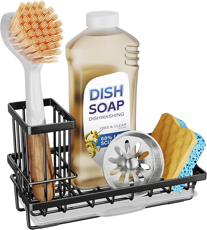 SWTYMIKI Sink Caddy Sponge Holder - Kitchen Sink Organizer with High Brush Holder for Countertop to Hold Dish Soaps and Sponges, Stainless Steel, Black