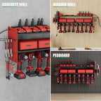 Suchtale Power Tool Organizer Wall Mount with Charging Station,33.2" Garage Storage,8 Drill Holders,3 Layers Heavy Duty Metal Shelf,Built in 8 Outlets Power Strip,Gift for Dad,Men,Red