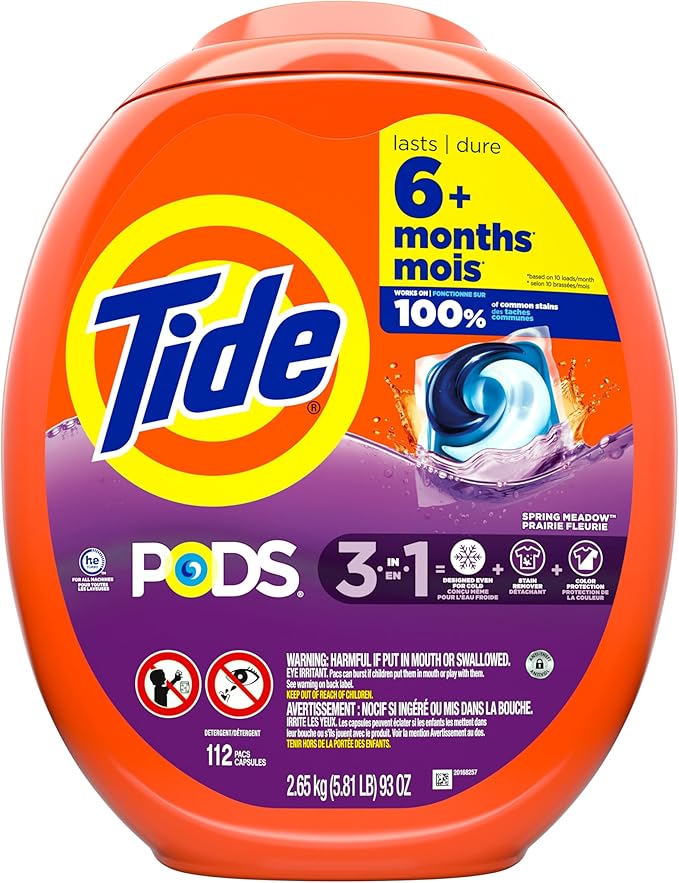 Tide PODS Laundry Detergent Pacs, 3-in-1 Stain Remover, Odor Fighter, Color Protector, 112 Count, HE compatible, Spring Meadow Scent