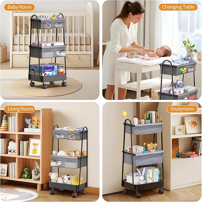 3 Tier Rolling Cart - Baby Diaper Caddy Organizer, 3 Tier Utility Cart Newborn Baby Nursery Essentials, Large Capacity, Easy to Assemble, Storage for Bedroom, Changing Table & Crib