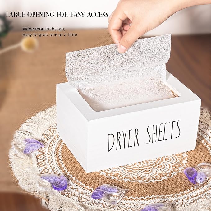zoocatia Laundry Room Decor Dryer Sheet Container Wood Detergent Dispenser Organization and Storage Box Holder for Laundry Pods, Dryer Balls, White