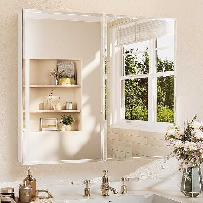 TETOTE 36 x 32 Bathroom Mirror Cabinet with Tempered Beveled Mirror Silver Medicine Cabinet Aluminum Cabinet DTC Hinges, Stepless Adjustable Shelves, Recessed/Surface-Mounted