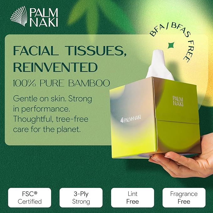 Bulk Case: Bamboo Facial Tissue | 3-Ply Strong | Lint-Free, Fragrance-Free | Gentle for Sensitive Skin | BPA & PFAS-Free, FSC Certified | 24 Cube Boxes | PALM NAKI