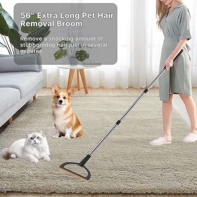 2 in 1 Carpet Rake for Pet Hair Removal,Reusable Pet Hair Removal Broom - 56” Adjustable Long Handle Cat Dog Hair Remover Carpet Scraper for Rugs, Mats, Couch, Bed