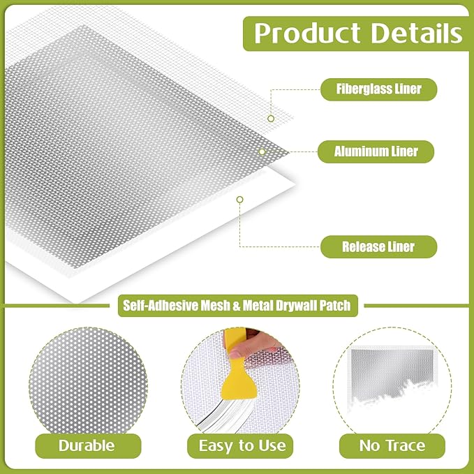 SHENLIU 12 X 12 Inch Drywall Repair Kit, Heavy Duty Self-Adhesive Mesh Drywall Patch for Large Holes, Wall Patch Repair Kit for Walls Ceiling Mesh Dry Wall Patche Kits with Scraper Sandpaper(Repair 8)