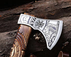 Wazir Crafts Viking Axe |Carbon Steel Engraved Blade with 18″ Wooden Handle & Leather Sheath | Collectible Norse Design Hatchet for Camping & Gifting (WCA-014)