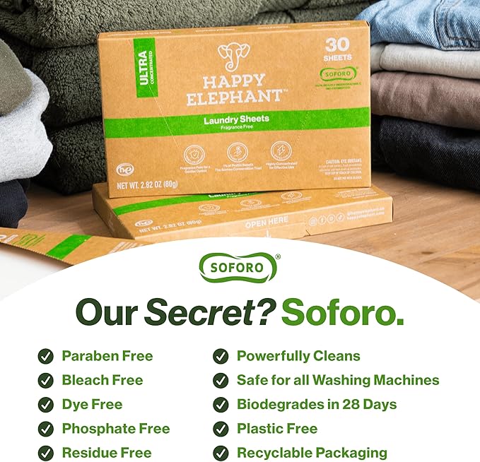 Happy Elephant Laundry Detergent Sheets, Fragrance Free, Natural Biodegradable Laundry Sheets, Plant Based, Tough on Stains, Gentle on Skin, Compatible with HE & Any Washing Machine, 30 Sheet, 1 Pack