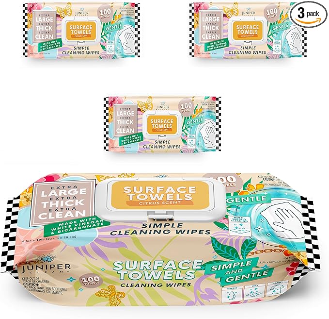 3 Packs Surface Cleaning Wipes Bleach Free, Thick & Large Dispose, All-Purpose Cleaner for Bathroom, Kitchen, Office, 300 Count Soft Flow, Biodegradable, Citrus Scent